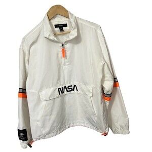 NASA Forever 21 Men's M White Logo 1/4 Zip Windbreaker Jacket Reflectors Sleeves